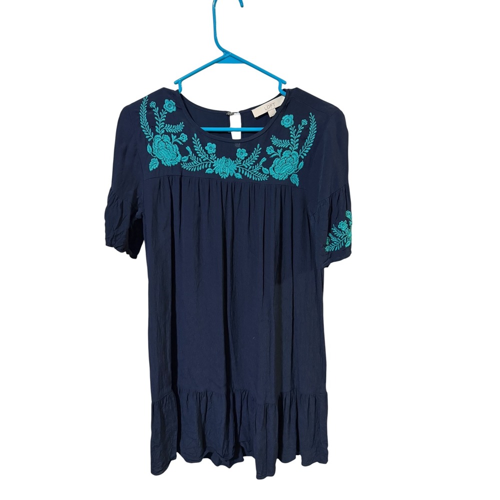 LOFT Size Small Navy Blue Floral Embroidered Ruffle Hem Boho Shift Dress
